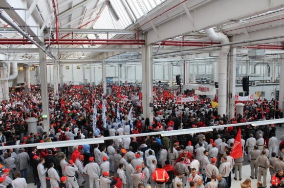 ​Vergadering in de fabriek van Audi in Ingolstadt op 4 februari, tijdens de werkonderbreking van de 13.000 werknemers. 