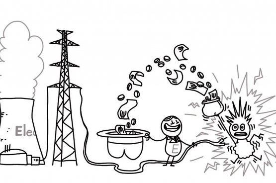 De kerncentrales van Electrabel mogen langer openblijven. Wij betalen de rekening. (Tekening Rudi Mertens)